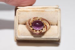 Vintage 18k Gold Natural Diamond And Amethyst Decorated Enamel Ring