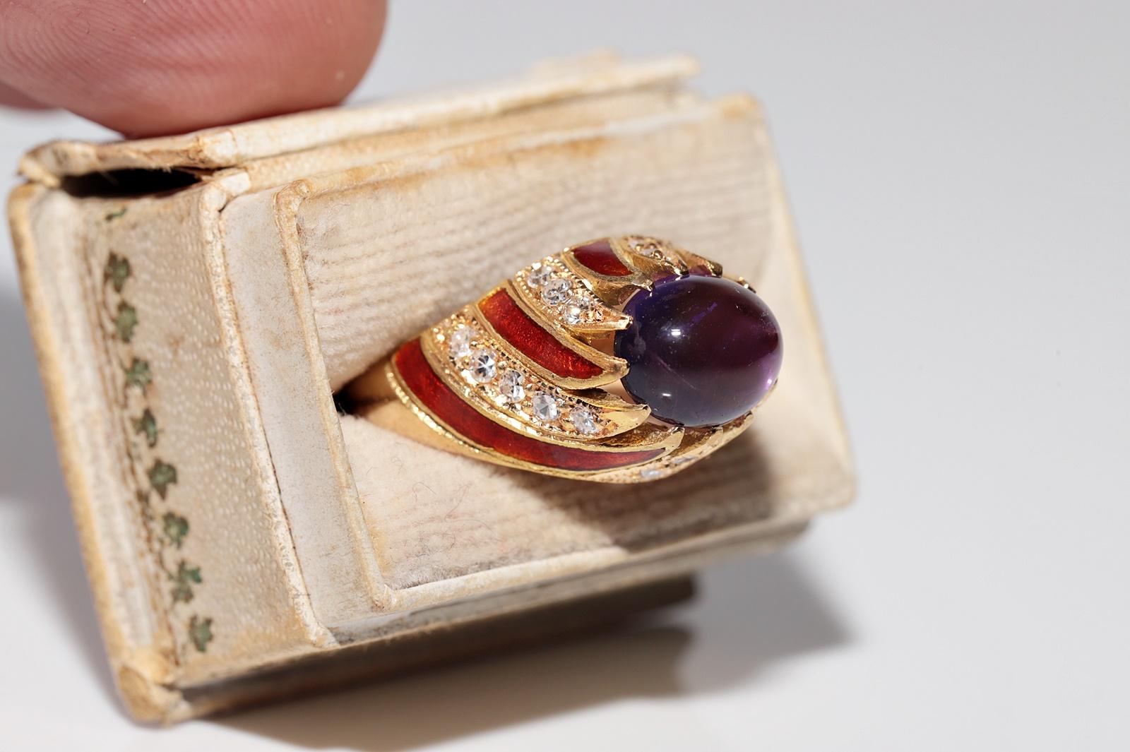 Anillo vintage de oro de 18k con diamante natural y amatista decorada con esmalte Retro en venta