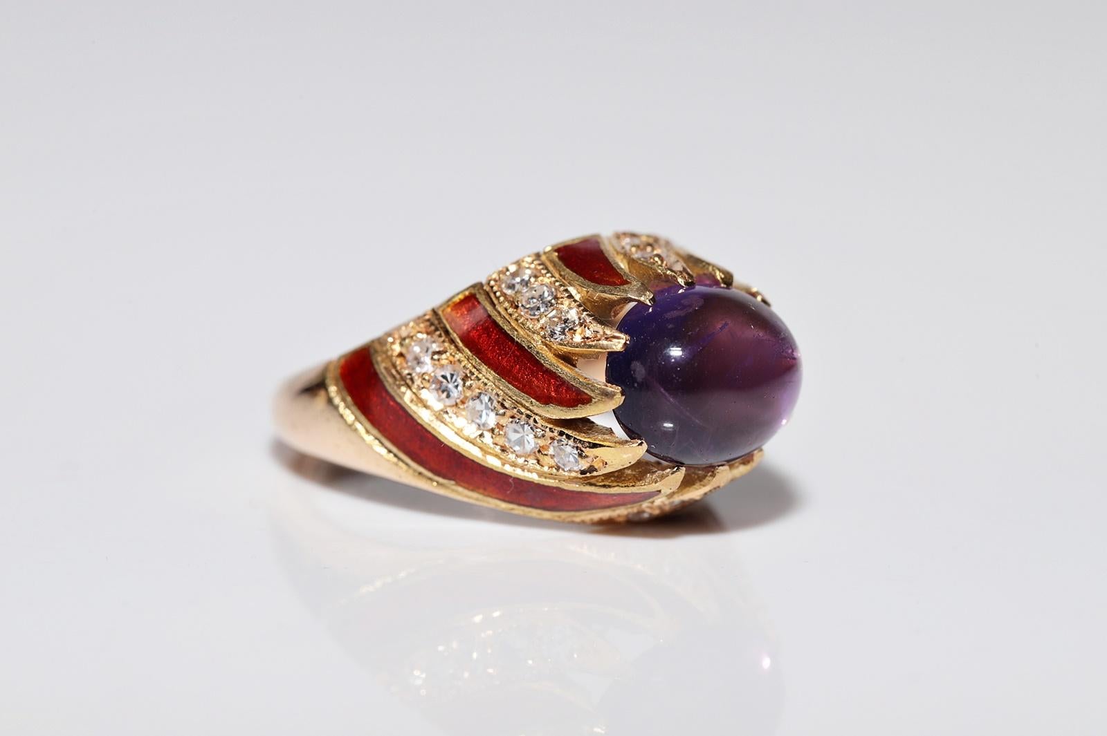 Anillo vintage de oro de 18k con diamante natural y amatista decorada con esmalte en Bueno estado para la venta en Fatih/İstanbul, 34