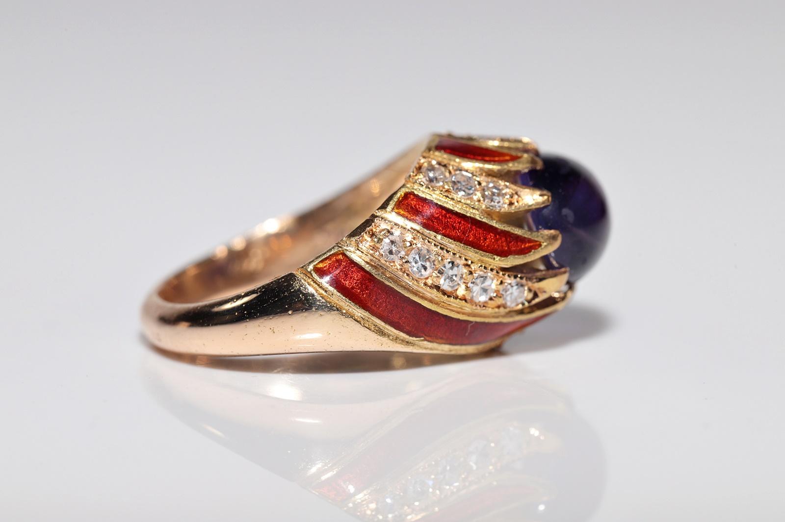 De las mujeres Anillo vintage de oro de 18k con diamante natural y amatista decorada con esmalte en venta