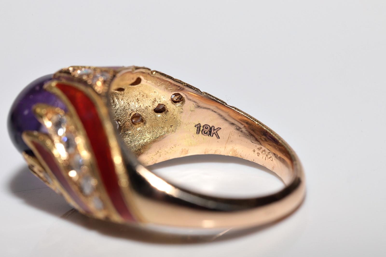 Anillo vintage de oro de 18k con diamante natural y amatista decorada con esmalte en venta 3