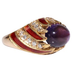 Vintage 18k Gold Natural Diamond And Amethyst Decorated Enamel Ring