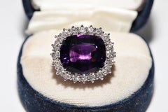 Vintage 18k Gold Natural Diamond And Amethyst Decorated Strong Tank Ring