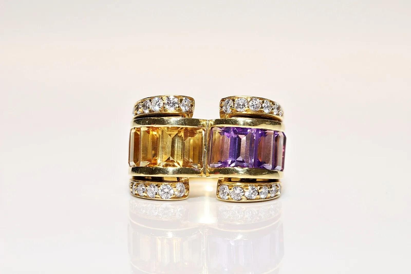 Vintage 18k Gold Natural Diamond And Amethyst Topaz Decorated Tank Ring For Sale 5