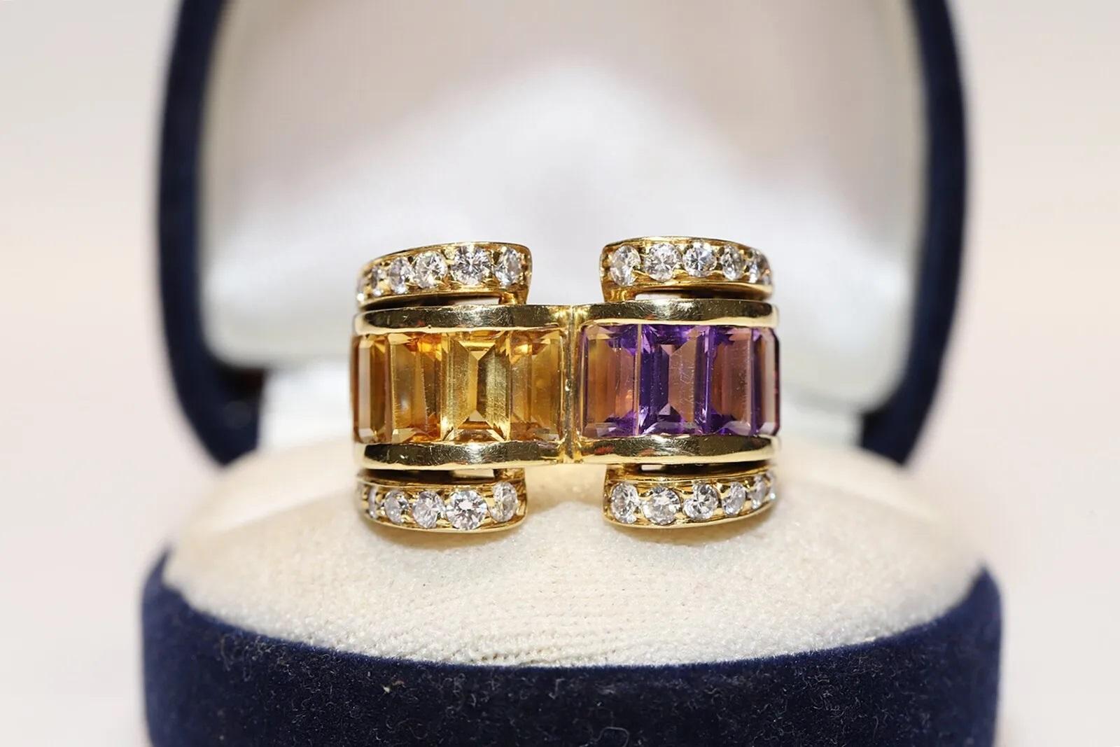 Vintage 18k Gold Natural Diamond And Amethyst Topaz Decorated Tank Ring For Sale 3