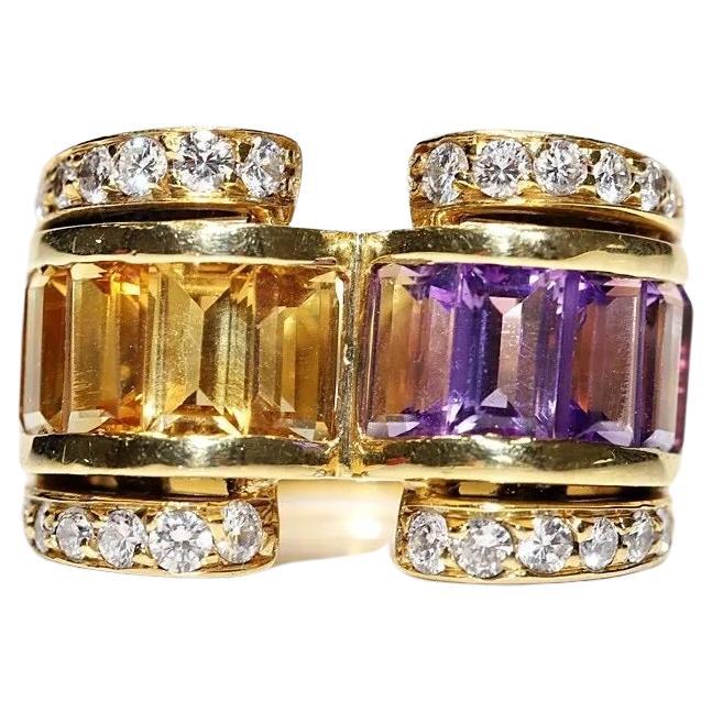 Vintage 18k Gold Natural Diamond And Amethyst Topaz Decorated Tank Ring