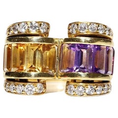 Vintage 18k Gold Natural Diamond And Amethyst Topaz Decorated Tank Ring