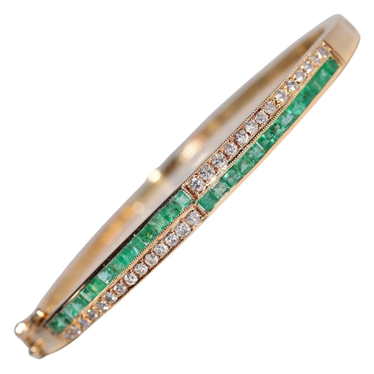 Bracelet Vintage en or 18k avec diamant naturel et émeraude taille baguette
