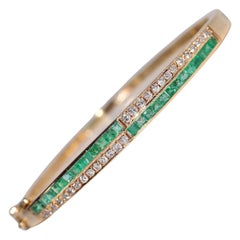 Vintage 18k Gold Natural Diamond And Baguette Cut Emerald Bangle Bracelet