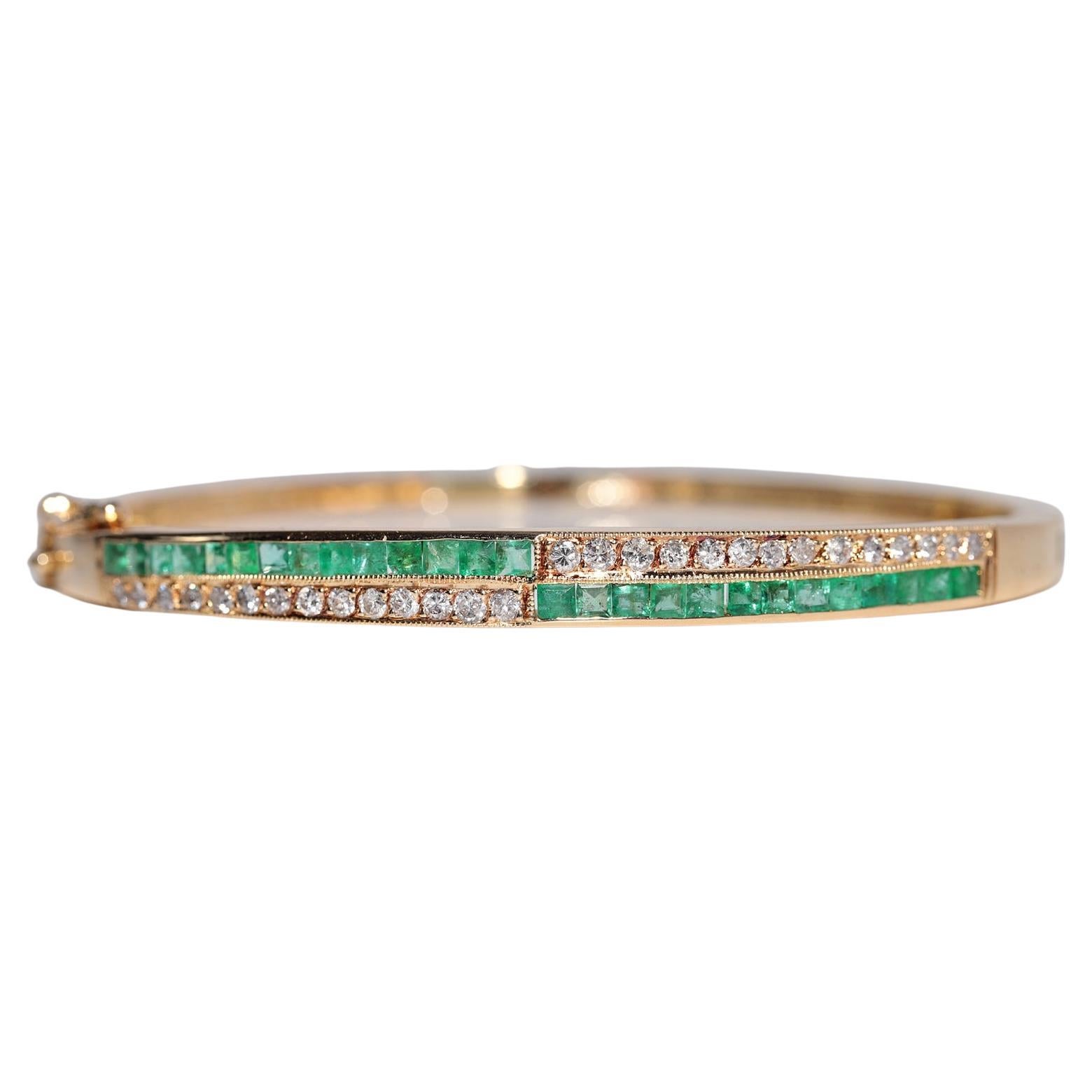Vintage 18k Gold Natural Diamond And Baguette Cut Emerald Bangle Bracelet