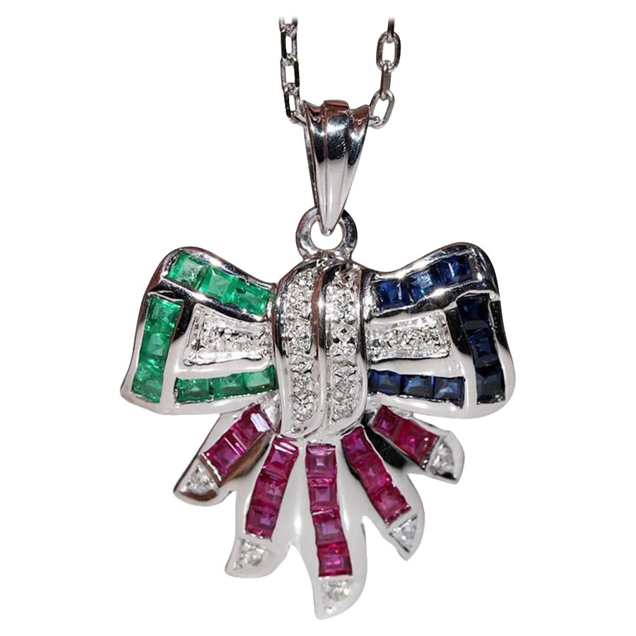 Collana vintage in oro 18 carati con diamanti naturali e zaffiro smeraldo rubino