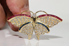 Schmetterlingsbrosche, Vintage, 18 Karat Gold, natürlicher Diamant und Kaliber Rubin und Saphir