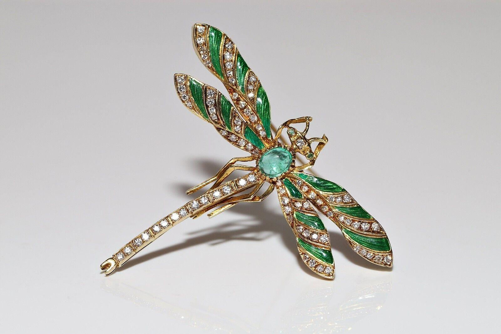 Vintage 18K Gold Natural Diamond And Emerald And Dragonfly Beetle Brooch For Sale 4