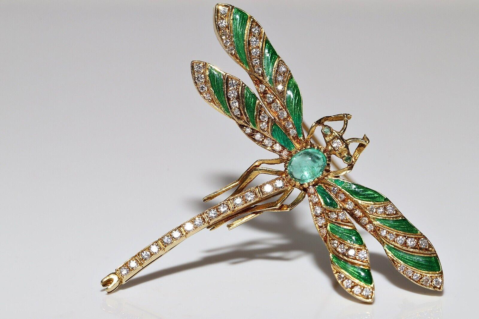 Vintage 18K Gold Natural Diamond And Emerald And Dragonfly Beetle Brooch For Sale 5