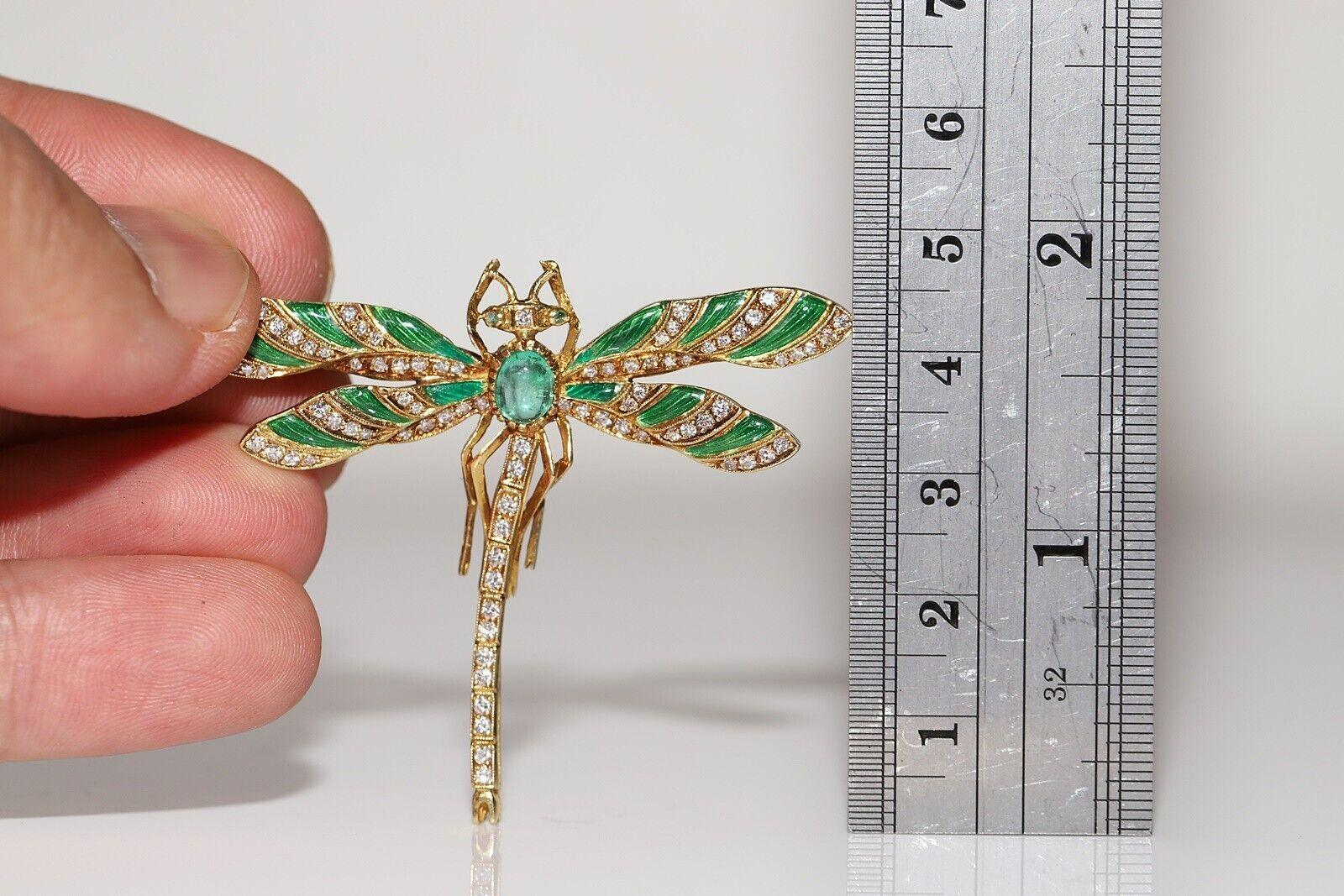 Retro Vintage 18K Gold Natural Diamond And Emerald And Dragonfly Beetle Brooch For Sale