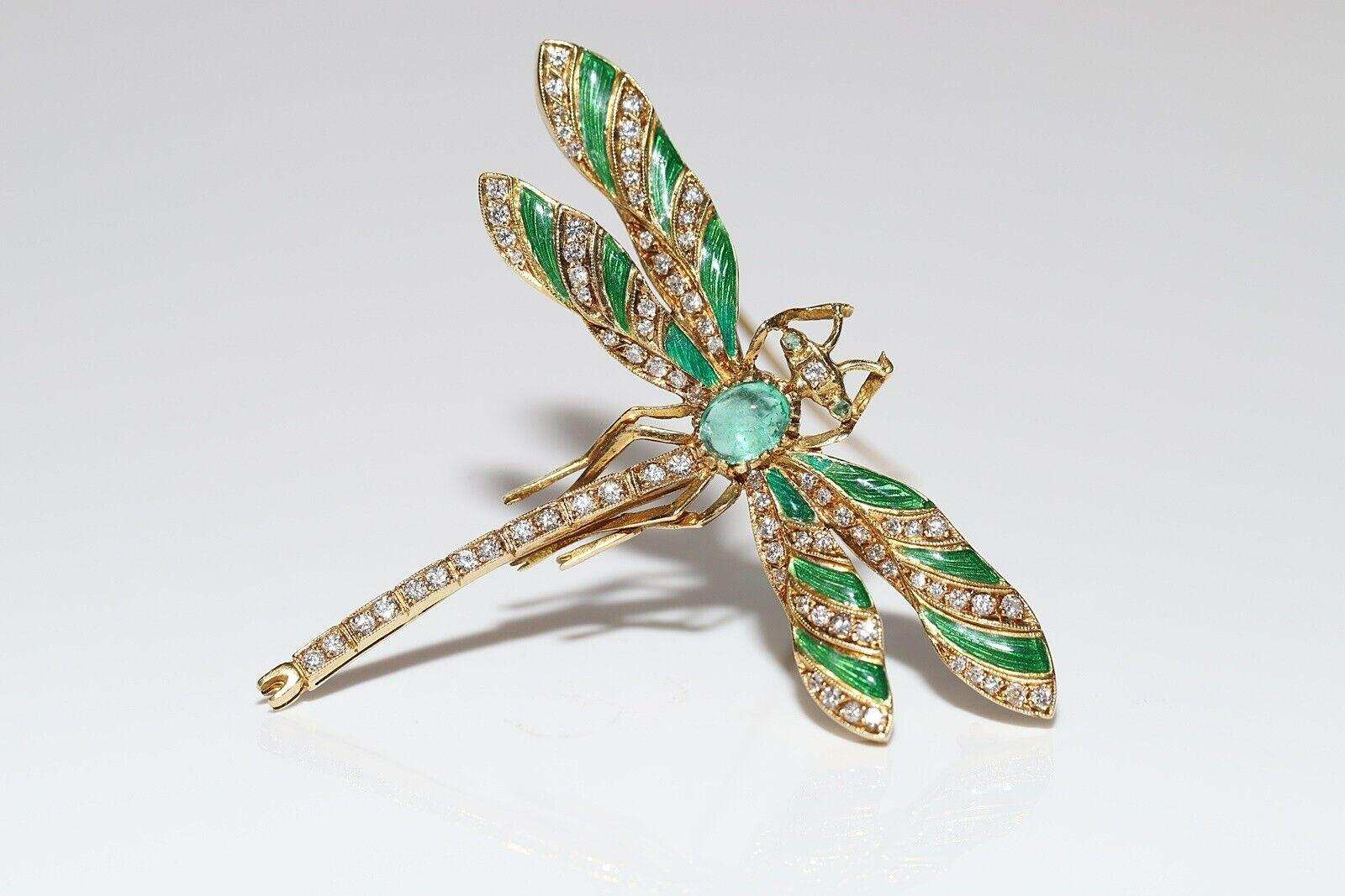 Vintage 18K Gold Natural Diamond And Emerald And Dragonfly Beetle Brooch In Good Condition For Sale In Fatih/İstanbul, 34