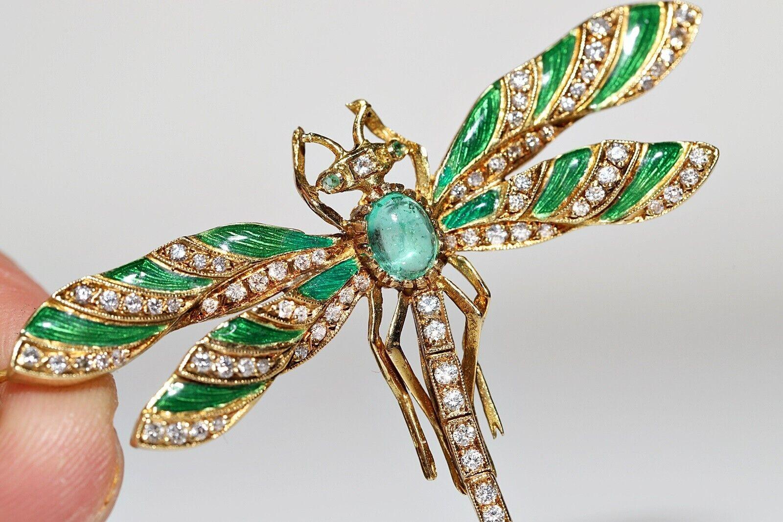 Women's Vintage 18K Gold Natural Diamond And Emerald And Dragonfly Beetle Brooch For Sale