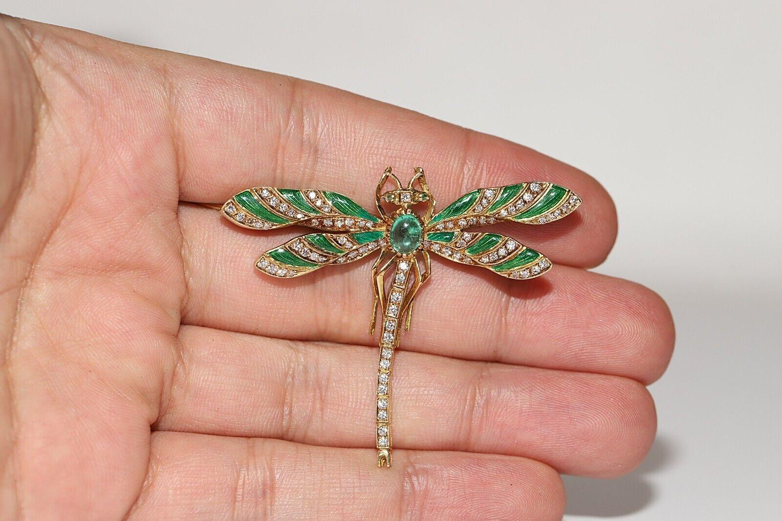 Vintage 18K Gold Natural Diamond And Emerald And Dragonfly Beetle Brooch For Sale 3