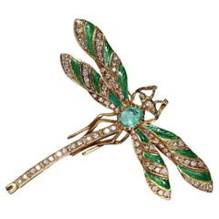 Broche scarabée vintage en or 18 carats, diamant naturel, émeraude et libellule