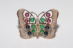 Vintage  18k Gold Natural Diamond And Emerald Ruby Sapphire Butterfly Brooch