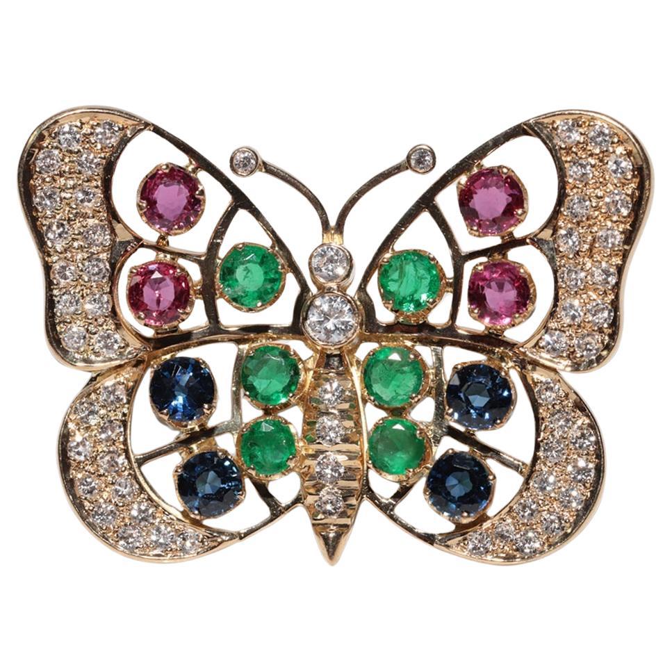 Vintage  18k Gold Natural Diamond And Emerald Ruby Sapphire Butterfly Brooch For Sale
