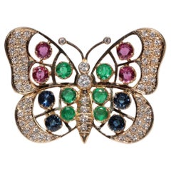 Vintage  18k Gold Natural Diamond And Emerald Ruby Sapphire Butterfly Brooch
