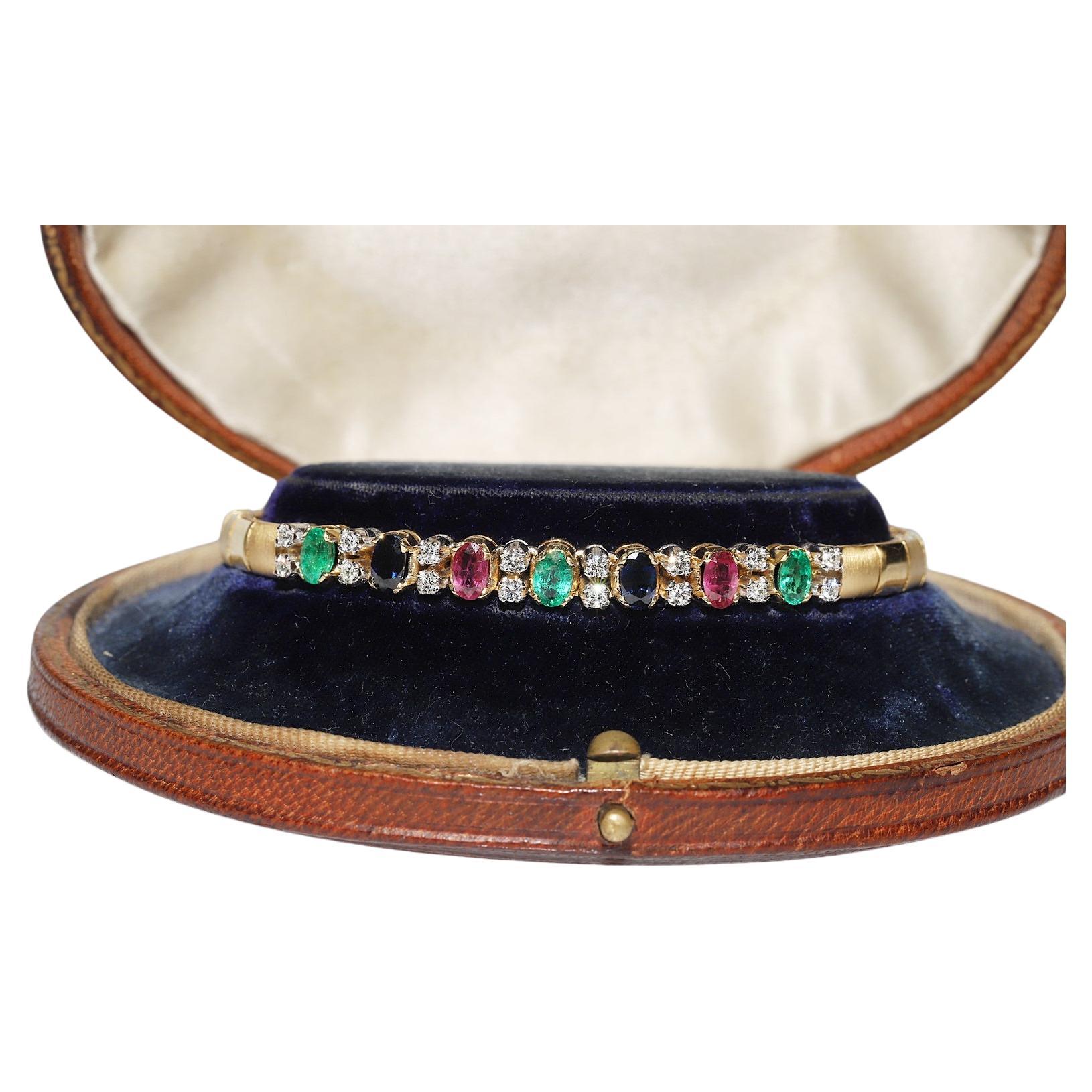 Vintage  18k Gold Natural Diamond And Emerald Sapphire And Ruby Bracelet  For Sale