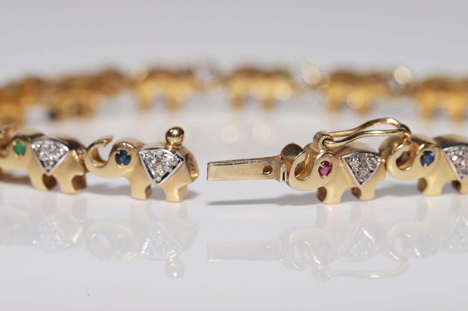 Vintage 18k Gold Natural Diamond And Emerald Sapphire Ruby Elephant Bracelet For Sale 4