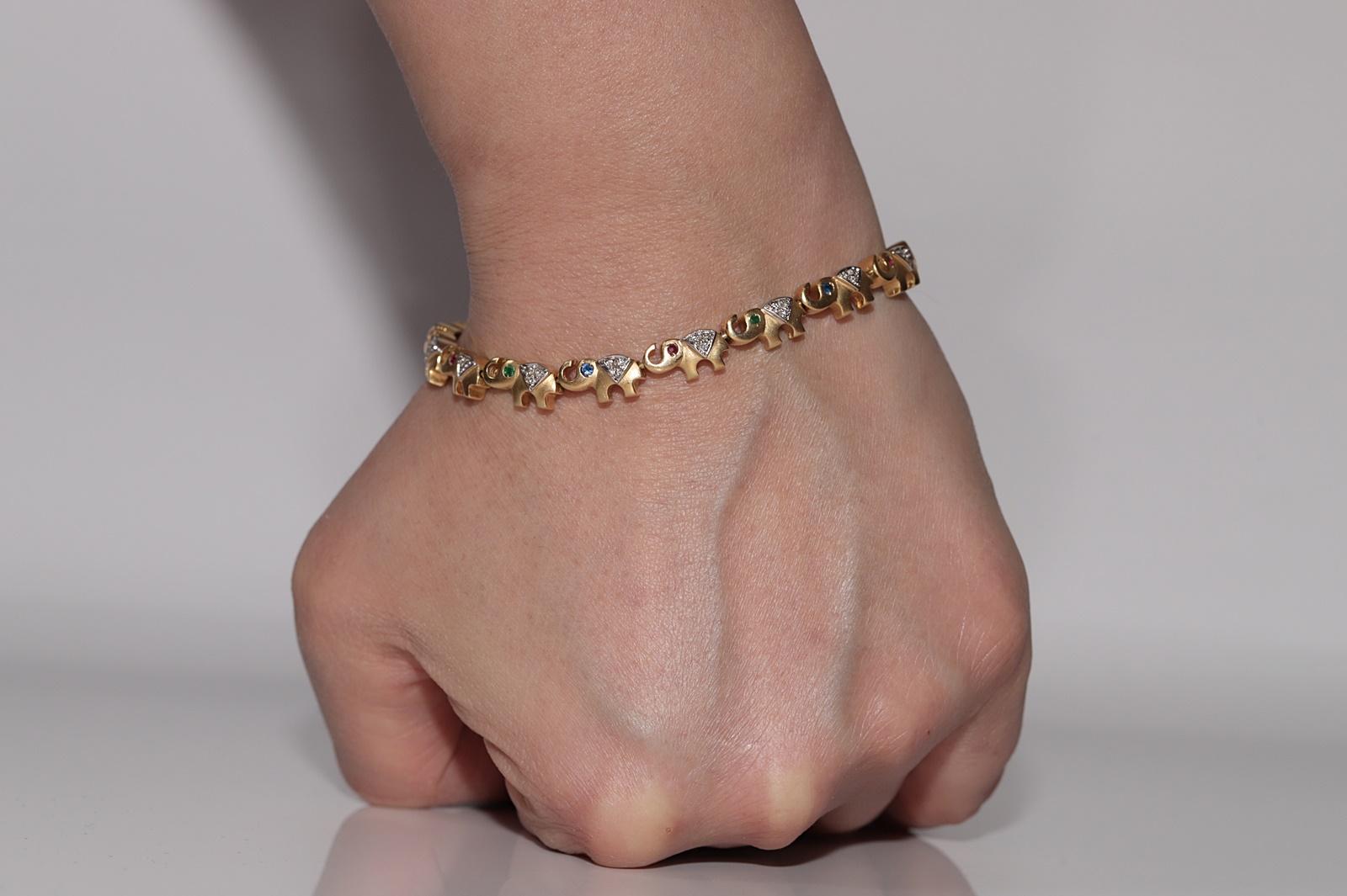 Vintage 18k Gold Natural Diamond And Emerald Sapphire Ruby Elephant Bracelet For Sale 12