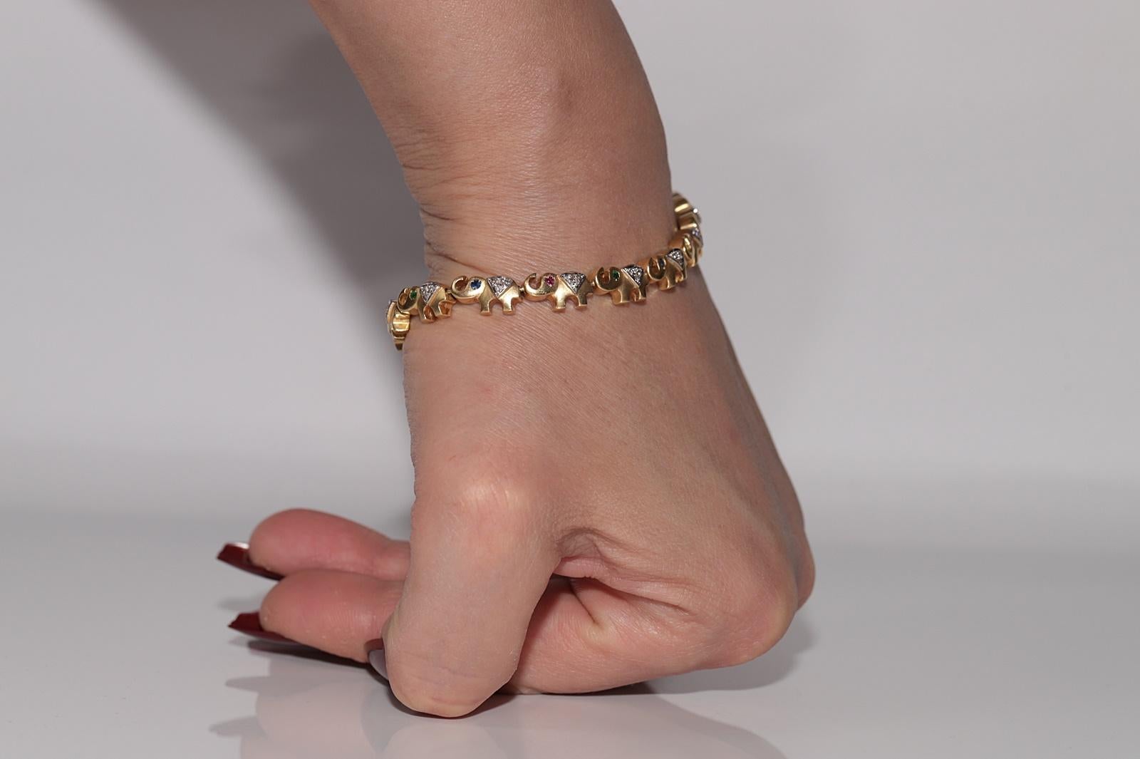 Vintage 18k Gold Natural Diamond And Emerald Sapphire Ruby Elephant Bracelet For Sale 14