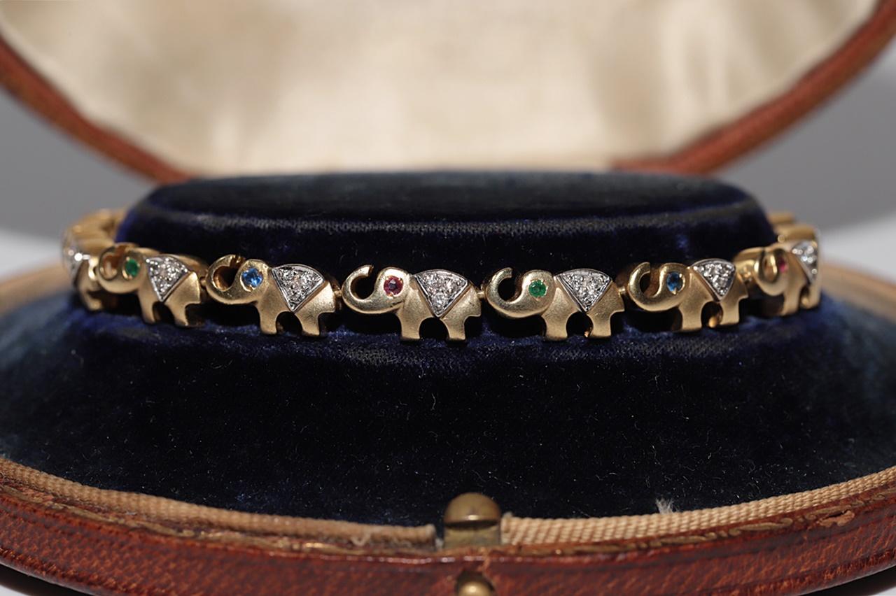 Retro Vintage 18k Gold Natural Diamond And Emerald Sapphire Ruby Elephant Bracelet For Sale