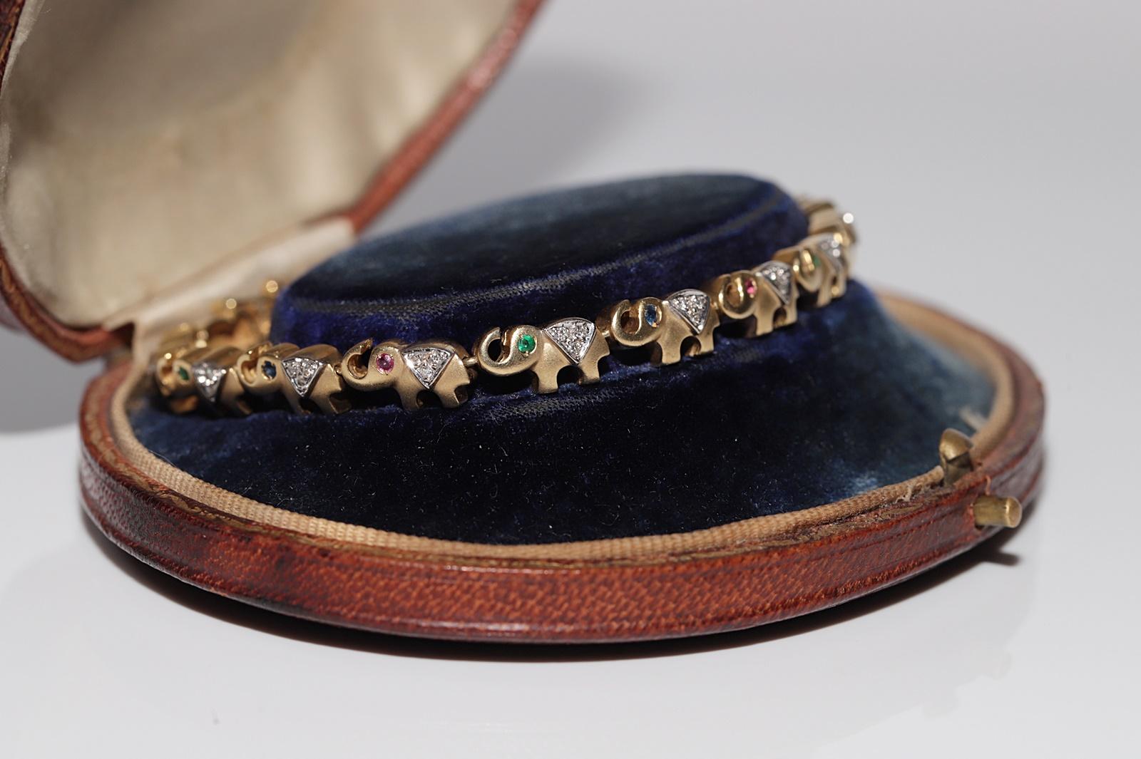 Brilliant Cut Vintage 18k Gold Natural Diamond And Emerald Sapphire Ruby Elephant Bracelet For Sale