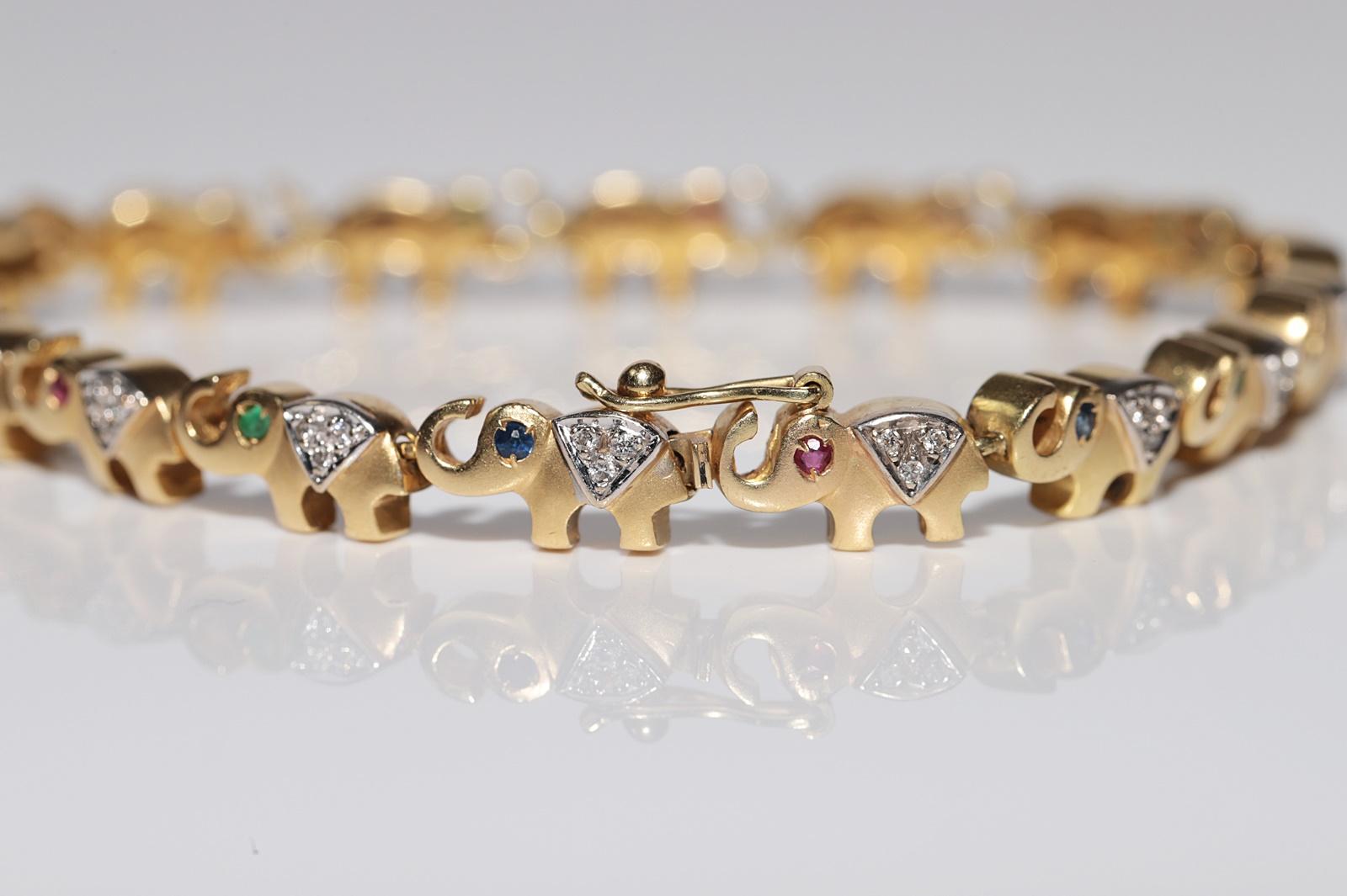 Vintage 18k Gold Natural Diamond And Emerald Sapphire Ruby Elephant Bracelet For Sale 3