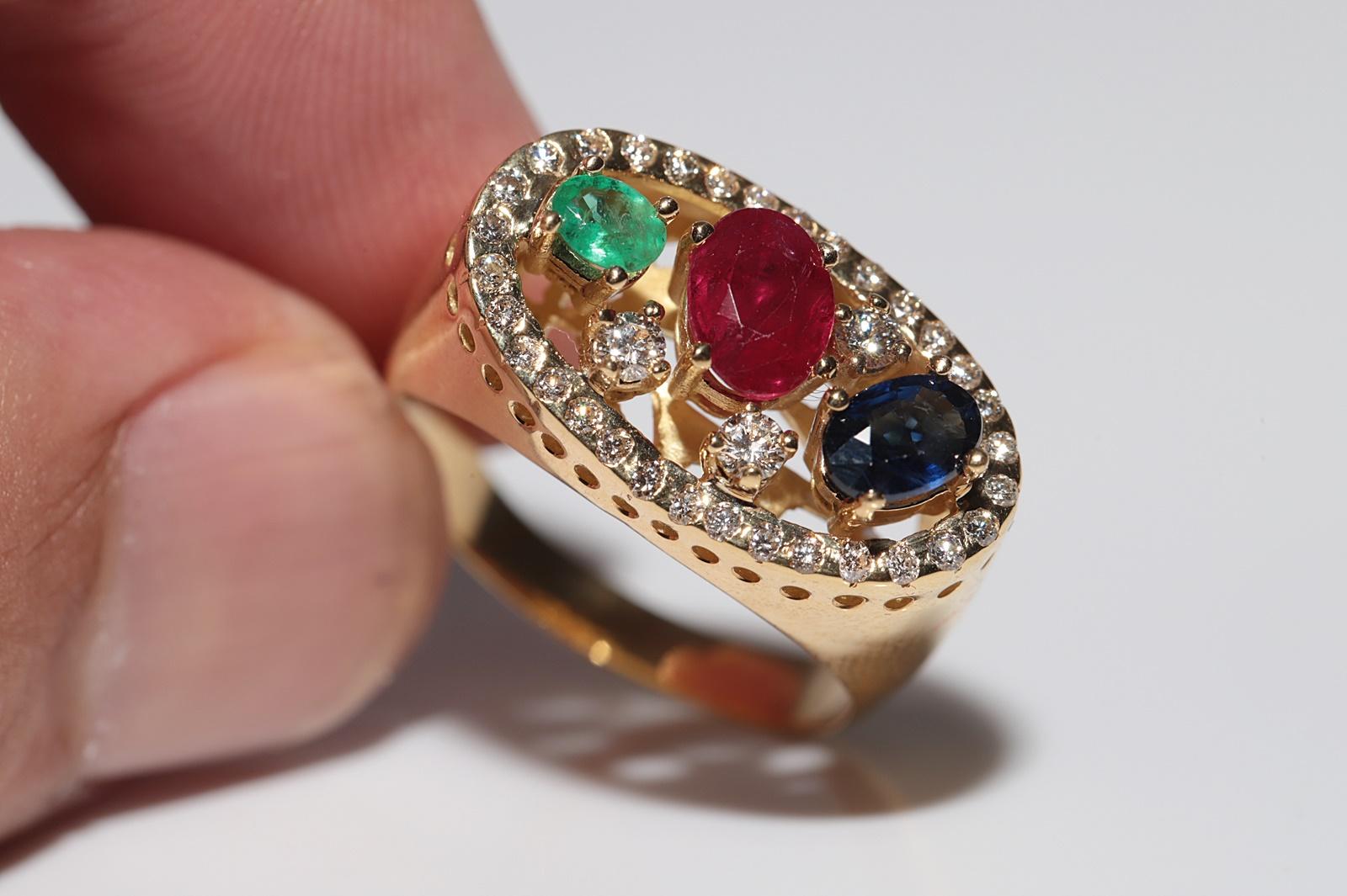 Vintage 18k Gold Natural Diamond And Emerald Sapphire Ruby Ring For Sale 7