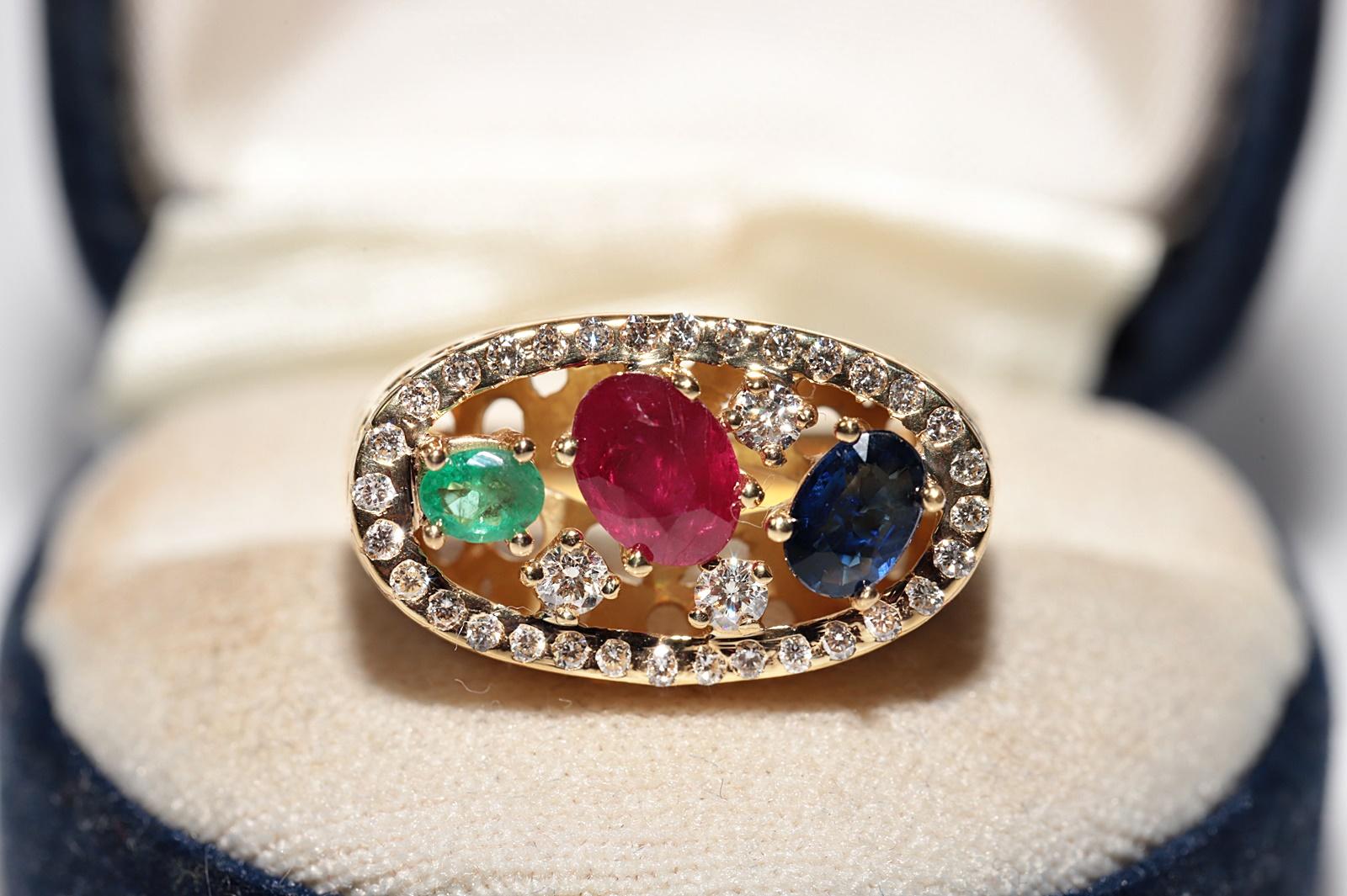 Vintage 18k Gold Natural Diamond And Emerald Sapphire Ruby Ring For Sale 1