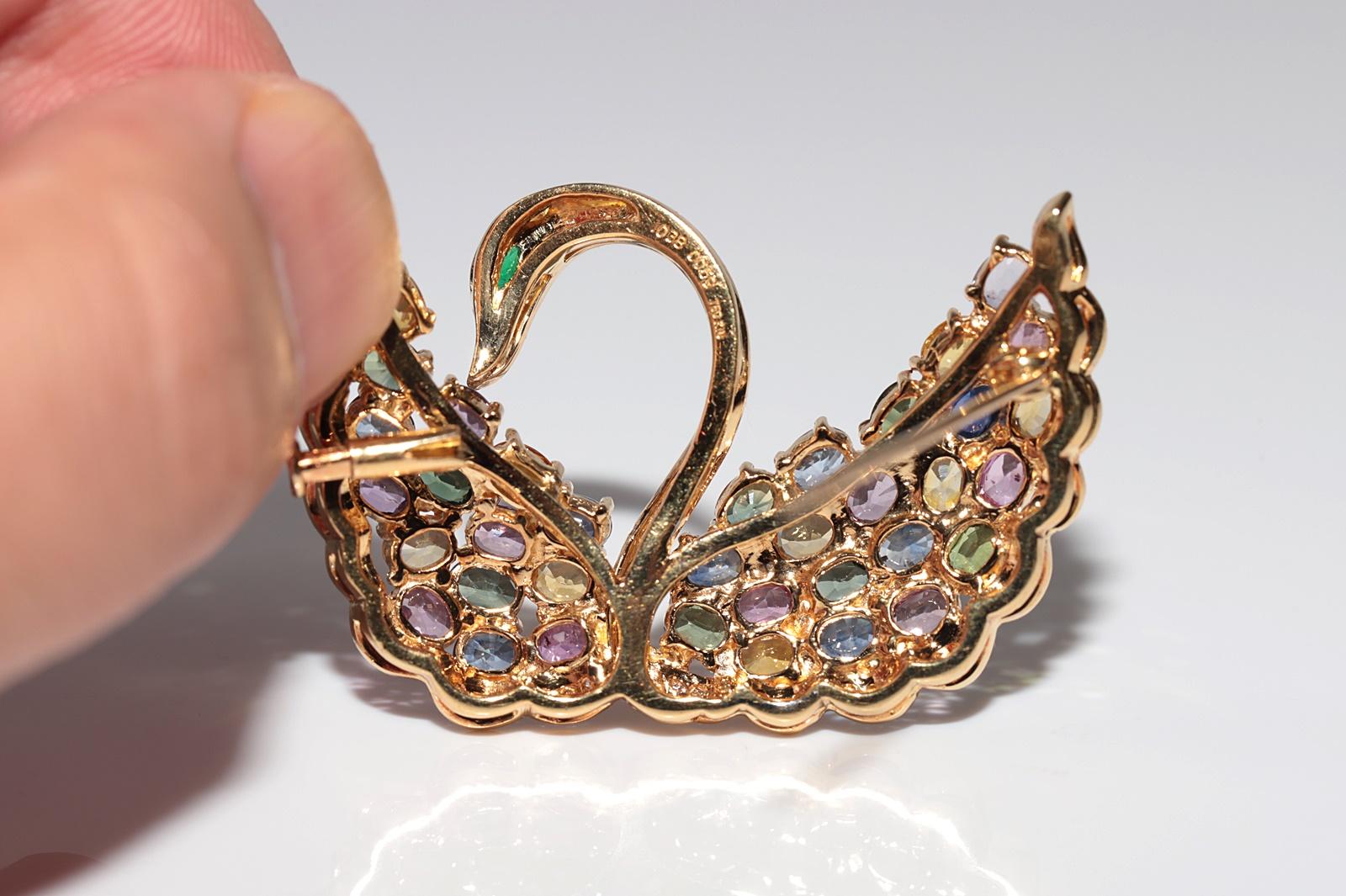 Vintage 18k Gold Natural Diamond And Emerald Topaz Tourmaline  Swan Bird Brooch For Sale 5