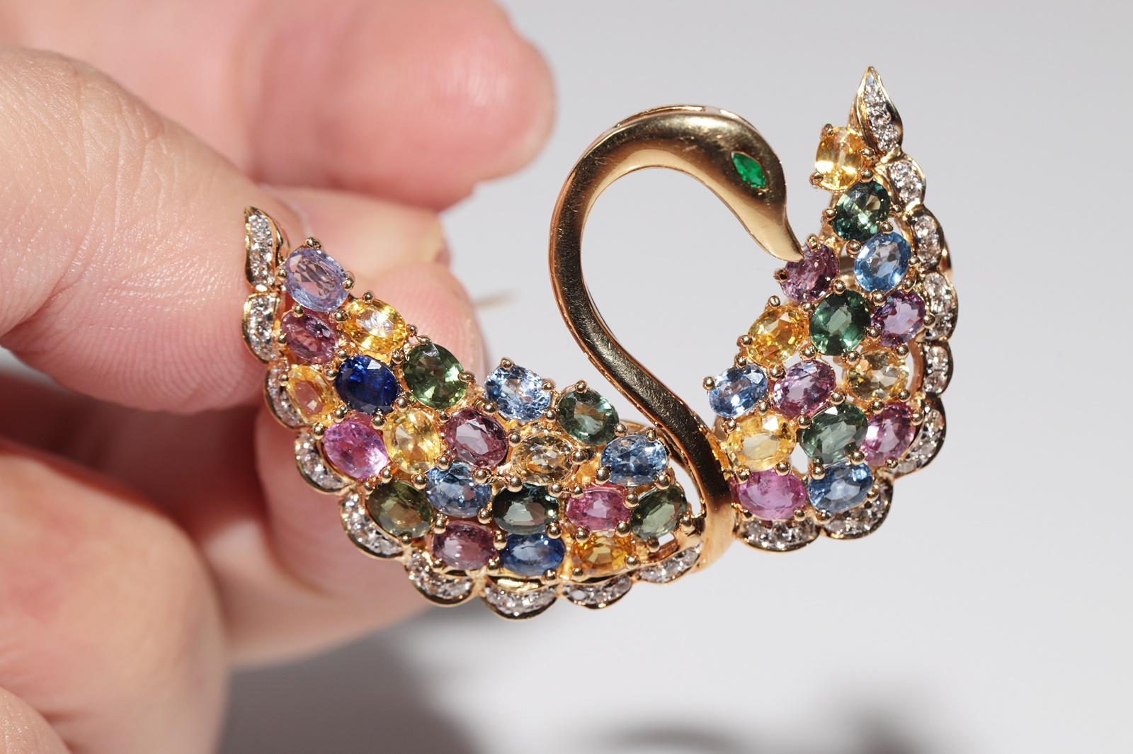 Vintage 18k Gold Natural Diamond And Emerald Topaz Tourmaline  Swan Bird Brooch For Sale 9