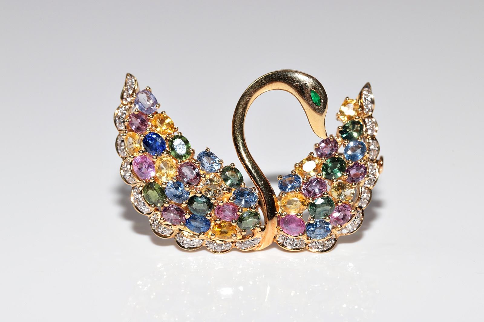 Retro Vintage 18k Gold Natural Diamond And Emerald Topaz Tourmaline  Swan Bird Brooch For Sale