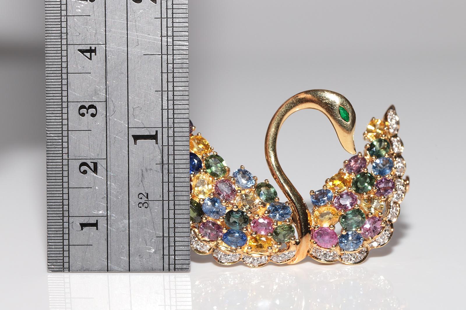 Brilliant Cut Vintage 18k Gold Natural Diamond And Emerald Topaz Tourmaline  Swan Bird Brooch For Sale