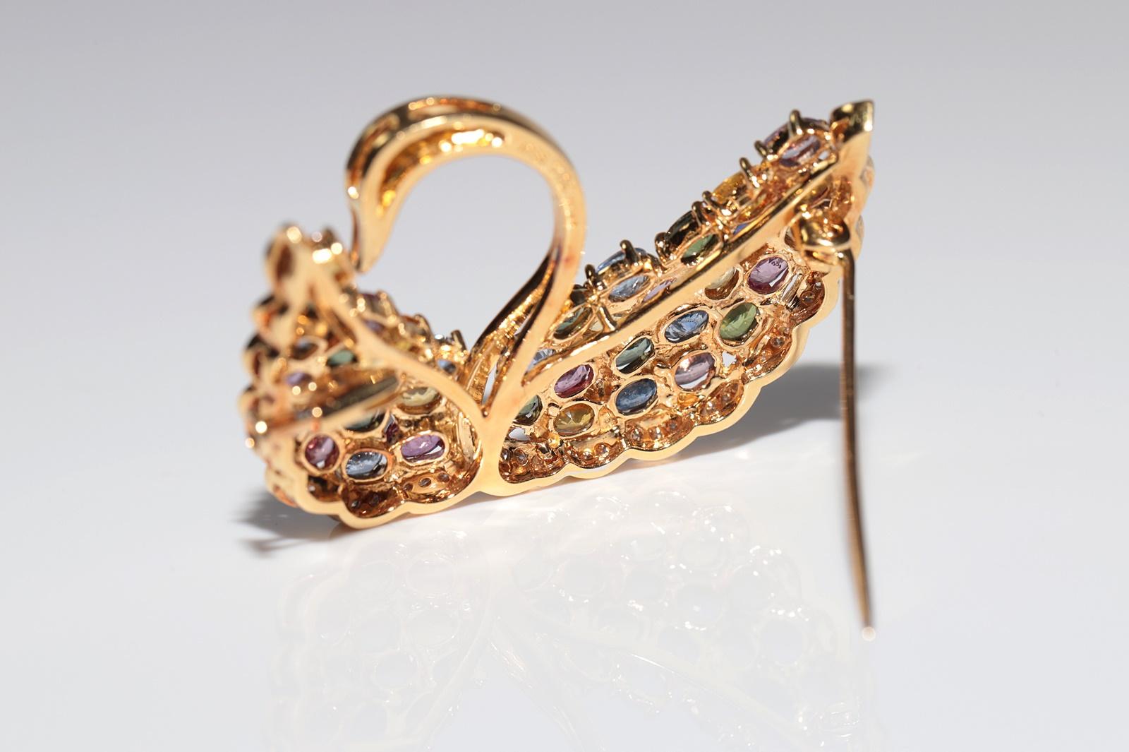 Vintage 18k Gold Natural Diamond And Emerald Topaz Tourmaline  Swan Bird Brooch For Sale 1