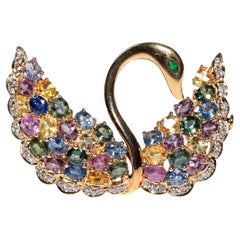 Vintage 18k Gold Natural Diamond And Emerald Topaz Tourmaline  Swan Bird Brooch