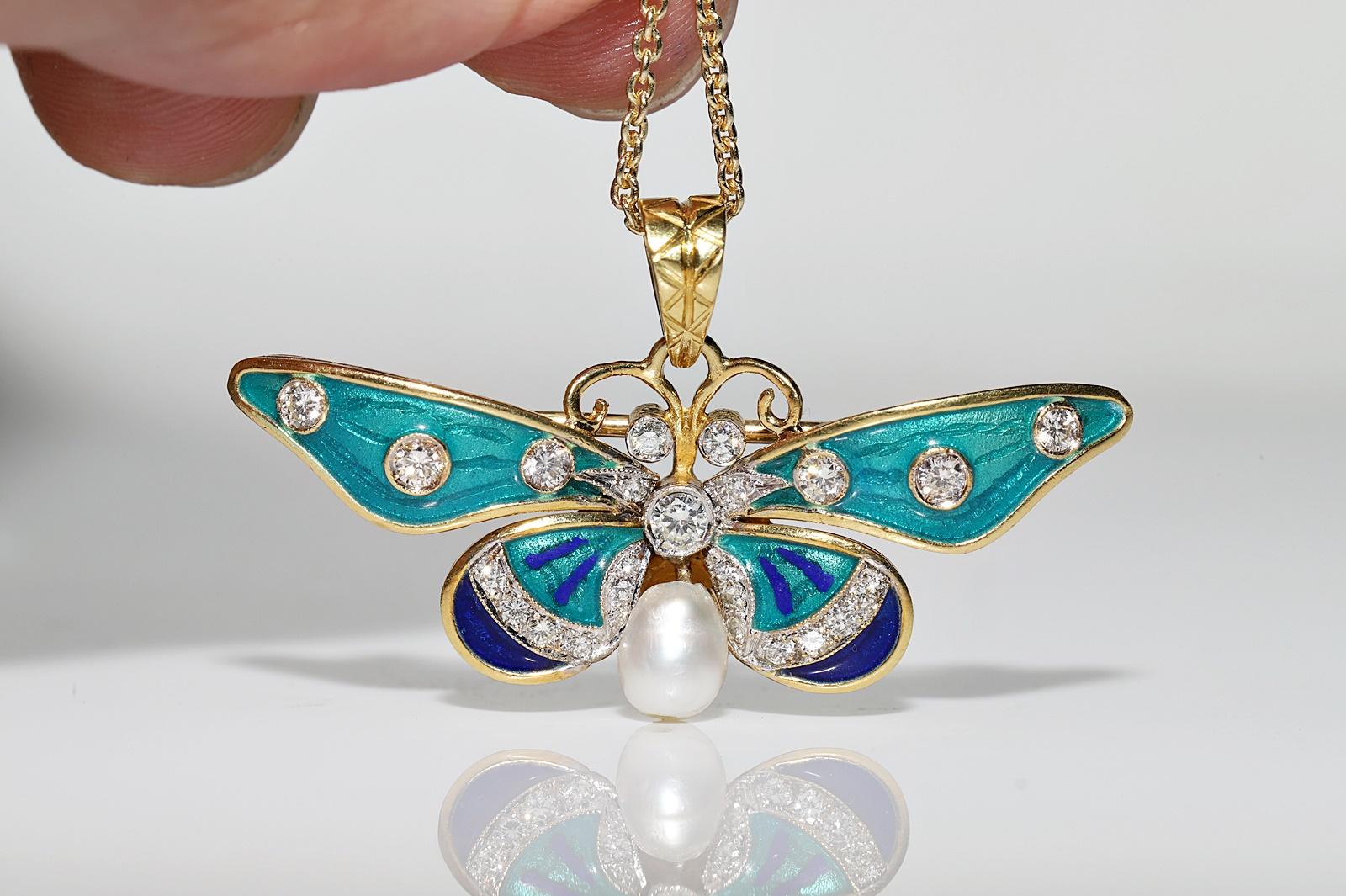 Vintage 18k Gold Natural Diamond And Enamel Butterfly Pendant Necklace For Sale 5