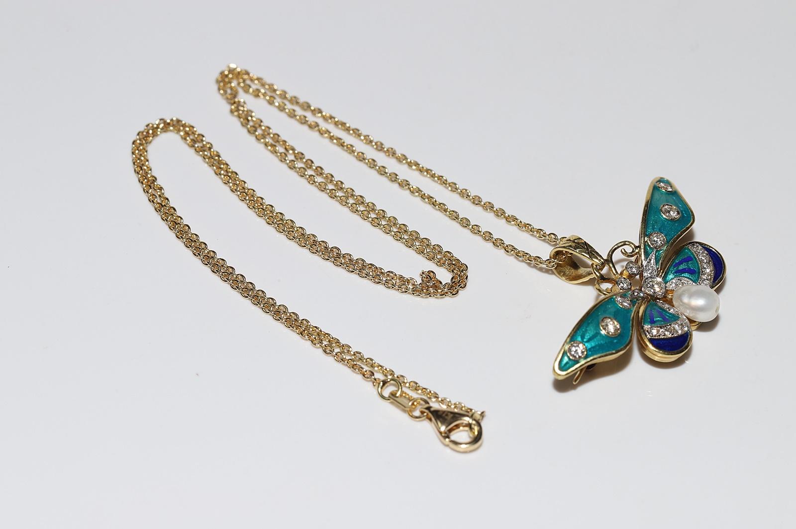Vintage 18k Gold Natural Diamond And Enamel Butterfly Pendant Necklace For Sale 10