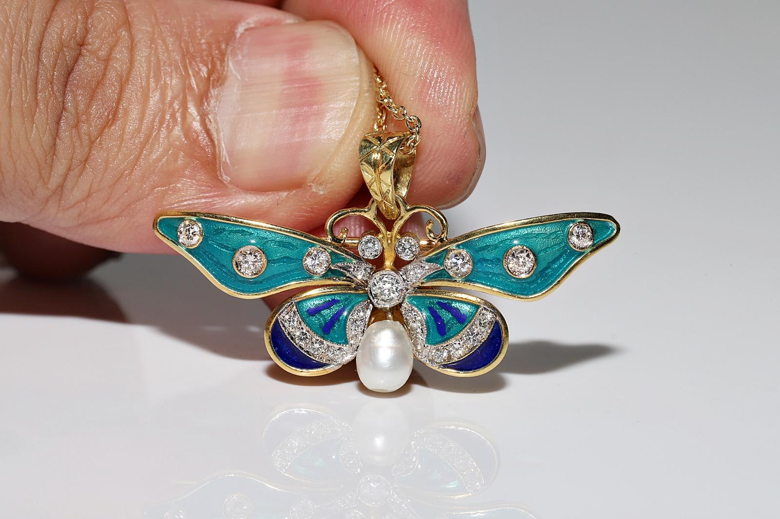 Vintage 18k Gold Natural Diamond And Enamel Butterfly Pendant Necklace For Sale 1