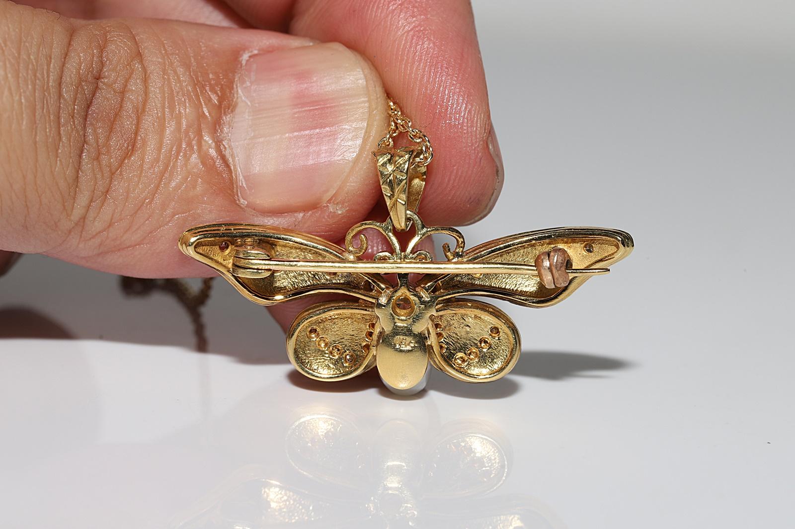 Vintage 18k Gold Natural Diamond And Enamel Butterfly Pendant Necklace For Sale 2