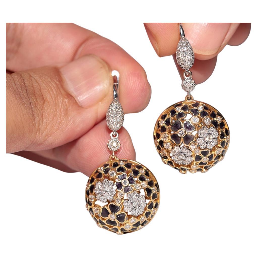 Vintage 18k Gold Natural Diamond And Enamel Decorated Flowers Style Earring