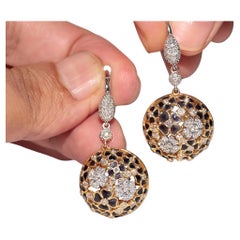 Vintage 18k Gold Natural Diamond And Enamel Decorated Flowers Style Earring