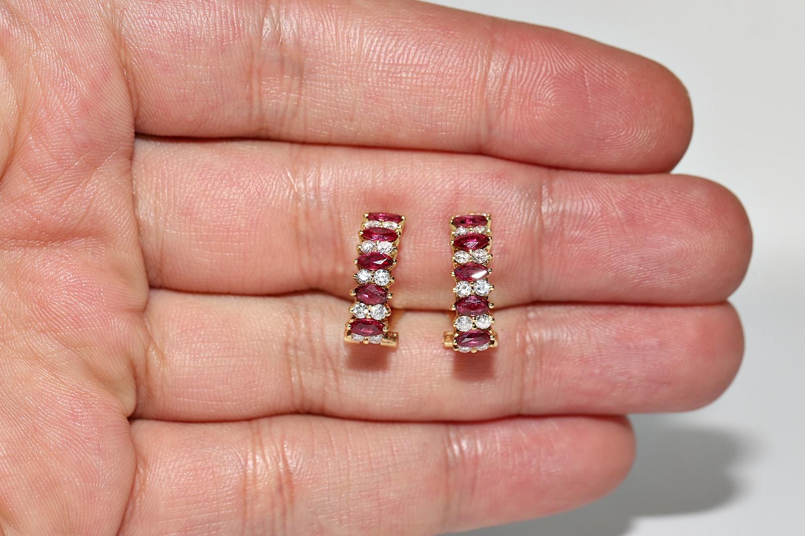 Vintage 18k Gold Natural Diamond And Marquise Cut Ruby Decorated Pretty Earring  For Sale 5