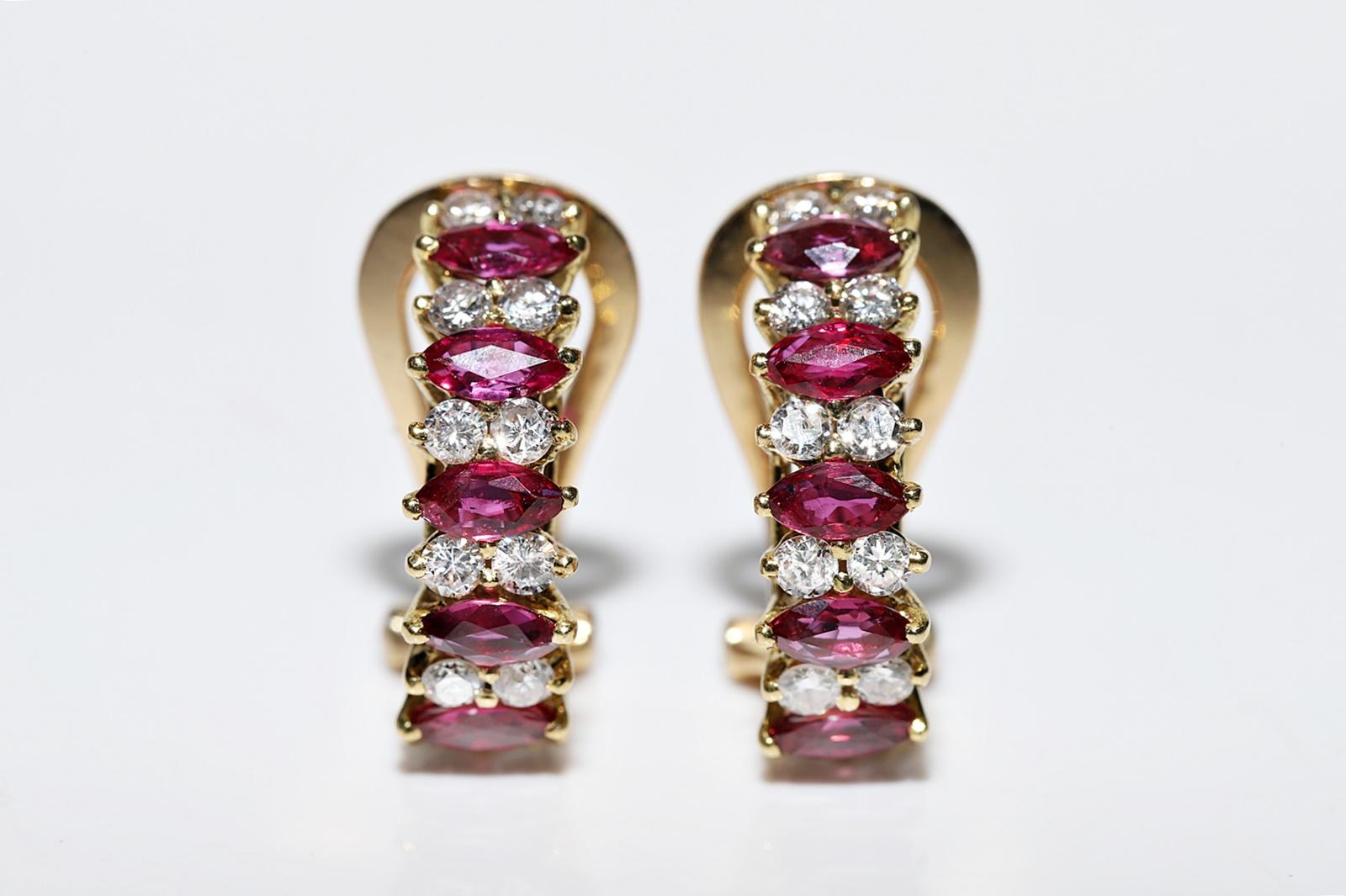 Vintage 18k Gold Natural Diamond And Marquise Cut Ruby Decorated Pretty Earring  In Good Condition For Sale In Fatih/İstanbul, 34