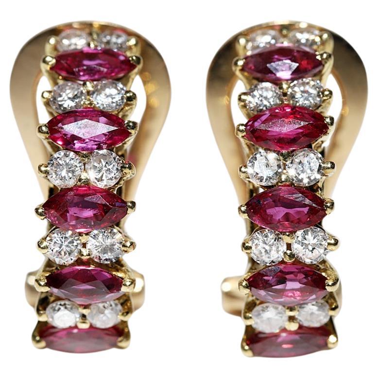 Vintage 18k Gold Natural Diamond And Marquise Cut Ruby Decorated Pretty Earring 